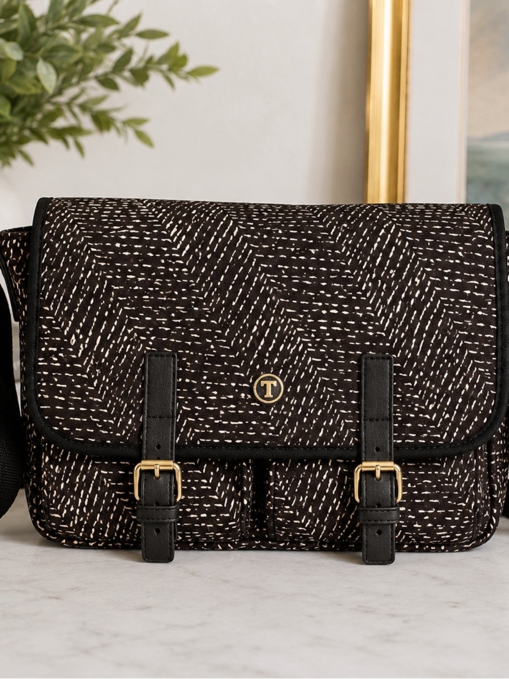 Talbots Black & Cream Abstract Print Crossbody Messenger Bag